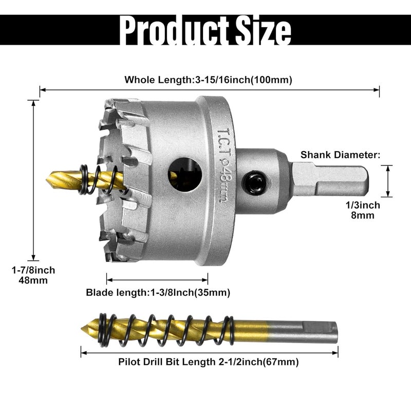 SALI 1-7/8" (48mm) TCT Hole Saw Kit Tungsten Carbide Tipped Hole Saw Drill Bit with Titanium-Plated Pilot Drill bit for Metal, Stainless Steel, Iron, Wood, Plastic - Image 3